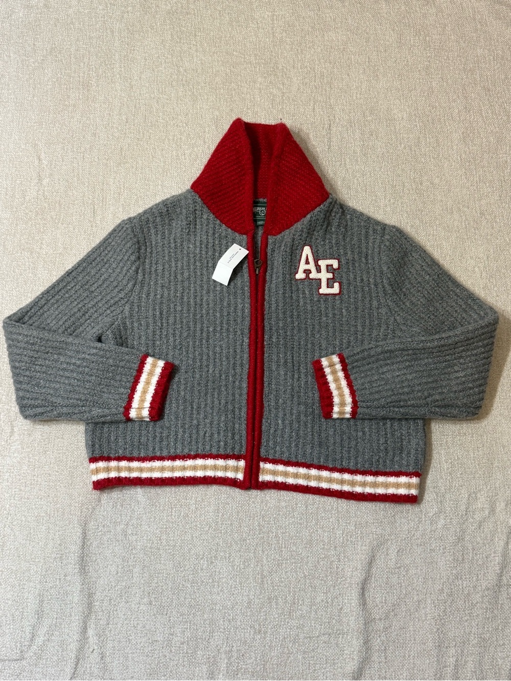 American Eagle Y2K Varsity Knit Jacket L Gray Red AE Preppy Collegiate
